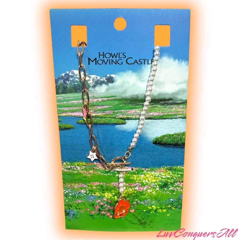 Studio Ghibli Howl's Moving Castle Pearl & Chain Calcifer Floral Necklace